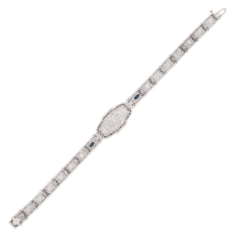 Art Deco 14k White Gold Diamond and Sapphire Filigree Belly Line Bracelet