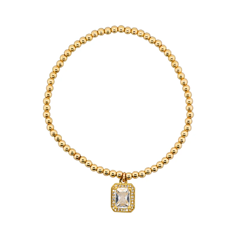 "BAGUETTE CLEAR" Gold Plated Charm with 14K Gold Filled beads Bracelet