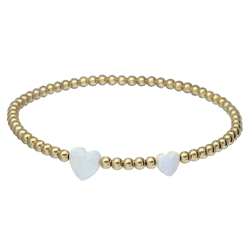 "DOUBLE OPAL HEART" Charm and Gold Filled Ball Beaded Bracelet