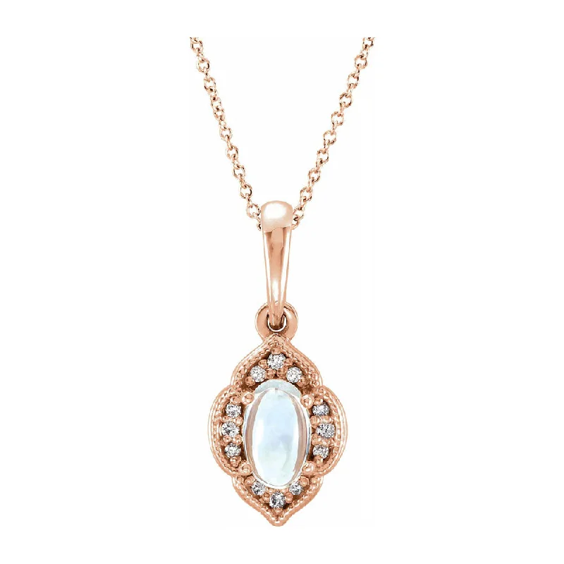 14K White or Rose Gold Rainbow Moonstone & Diamond Necklace, 16-18 In