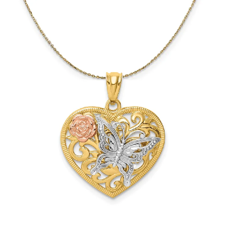 14k Yellow & Rose Gold Rhodium 19mm Heart Butterfly Necklace