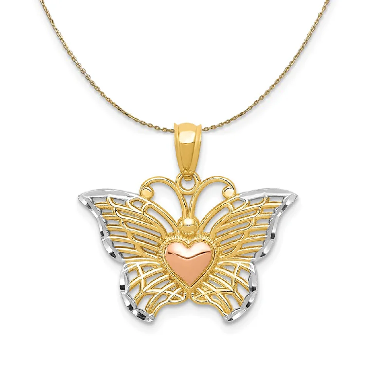 14k Yellow & Rose Gold Rhodium 22mm Butterfly Heart Necklace