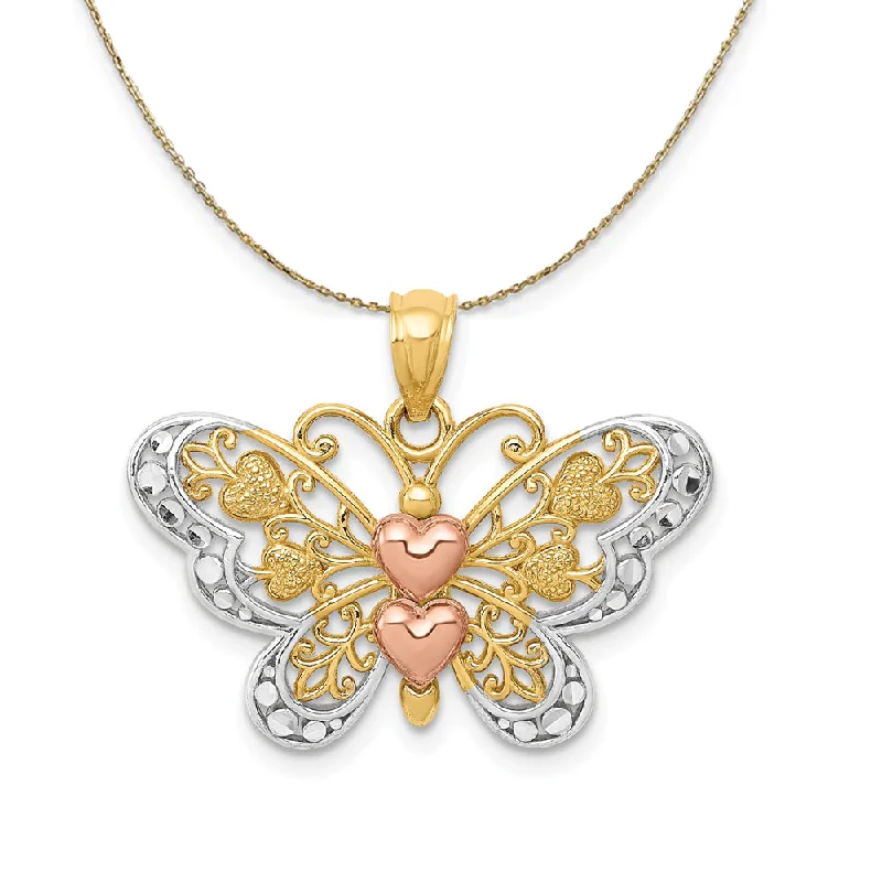 14k Yellow & Rose Gold Rhodium 25mm Heart Butterfly Necklace