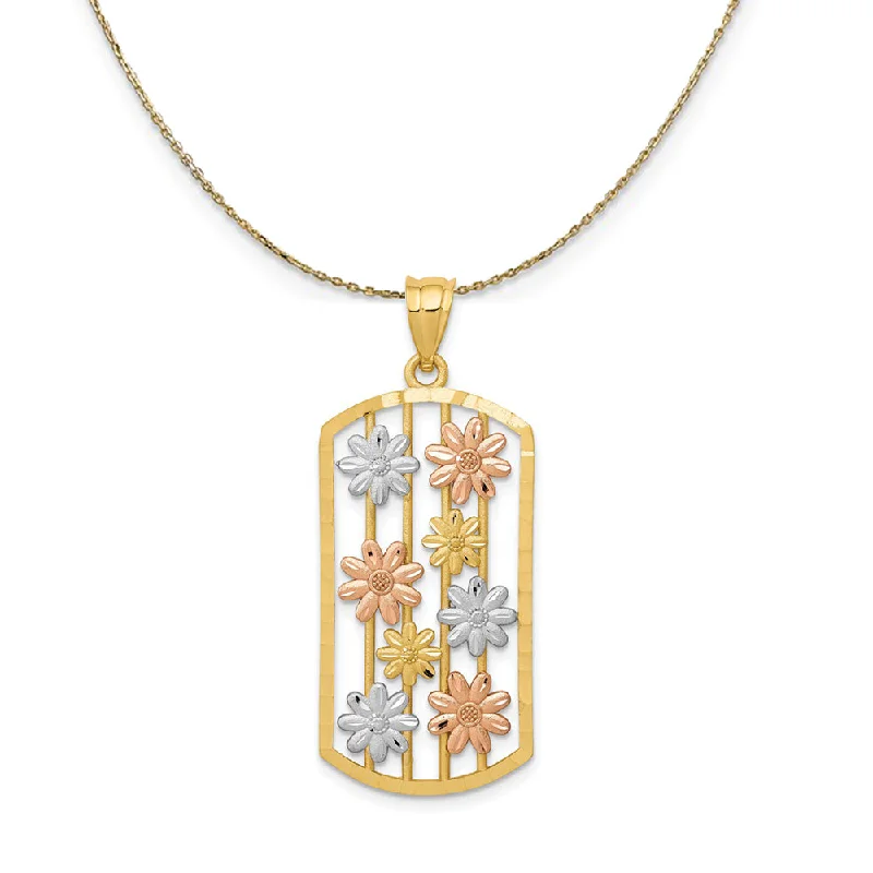 14k Yellow & Rose Gold with Rhodium Daisy Dog Tag Necklace