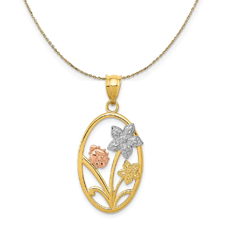 14k Yellow & Rose Gold with Rhodium Oval Floral Necklace