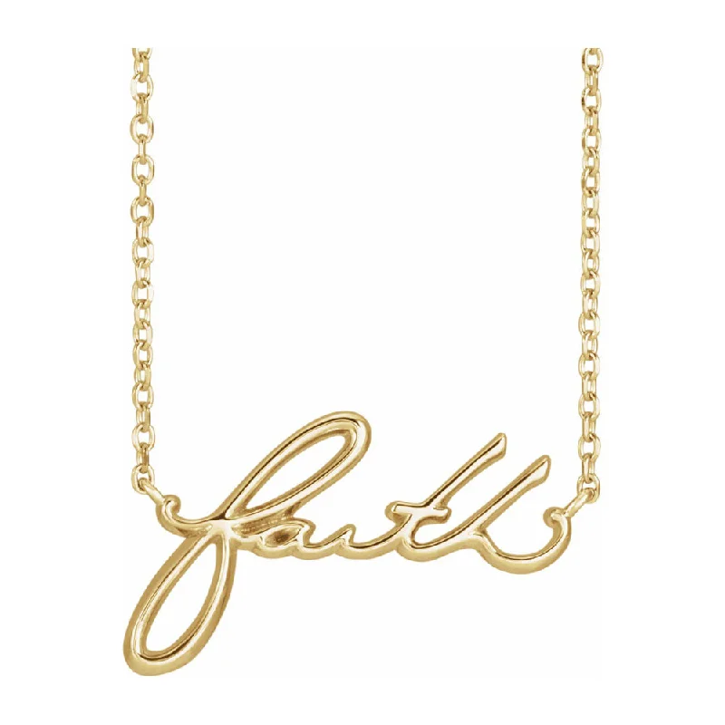 14K Yellow, White or Rose Gold Small Faith Script Necklace, 18 Inch