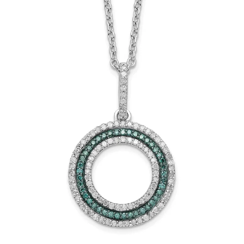 Blue & White Diamond 15mm Open Circle Necklace in Sterling Silver