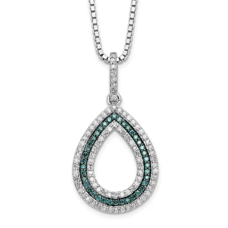 Blue & White Diamond Open Teardrop Necklace in Sterling Silver