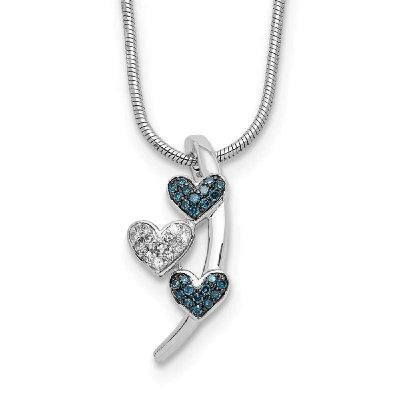 Blue & White Diamond Triple Heart Slide Necklace in Sterling Silver