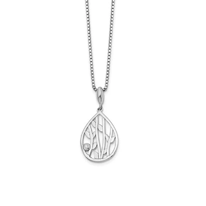 Diamond Leaf Teardrop Necklace in Rhodium Plated Silver, 18-20 Inch