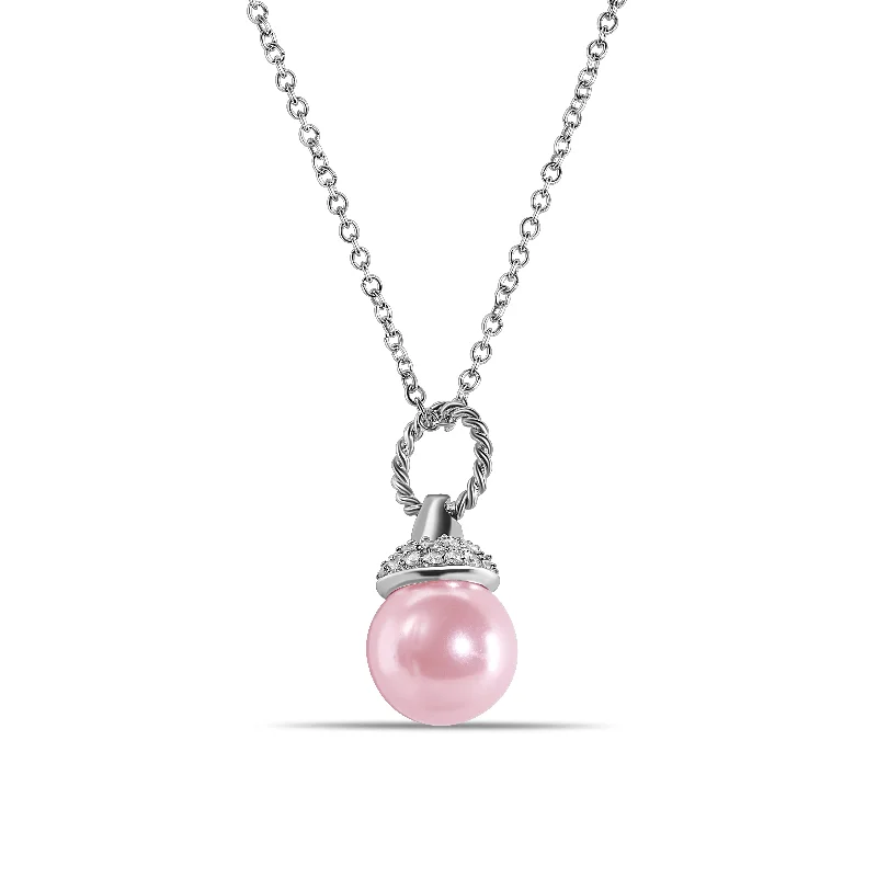 Silver 925 Rhodium Plated Clear CZ and Pink Pearl Pendant Necklace - STP00939PNK