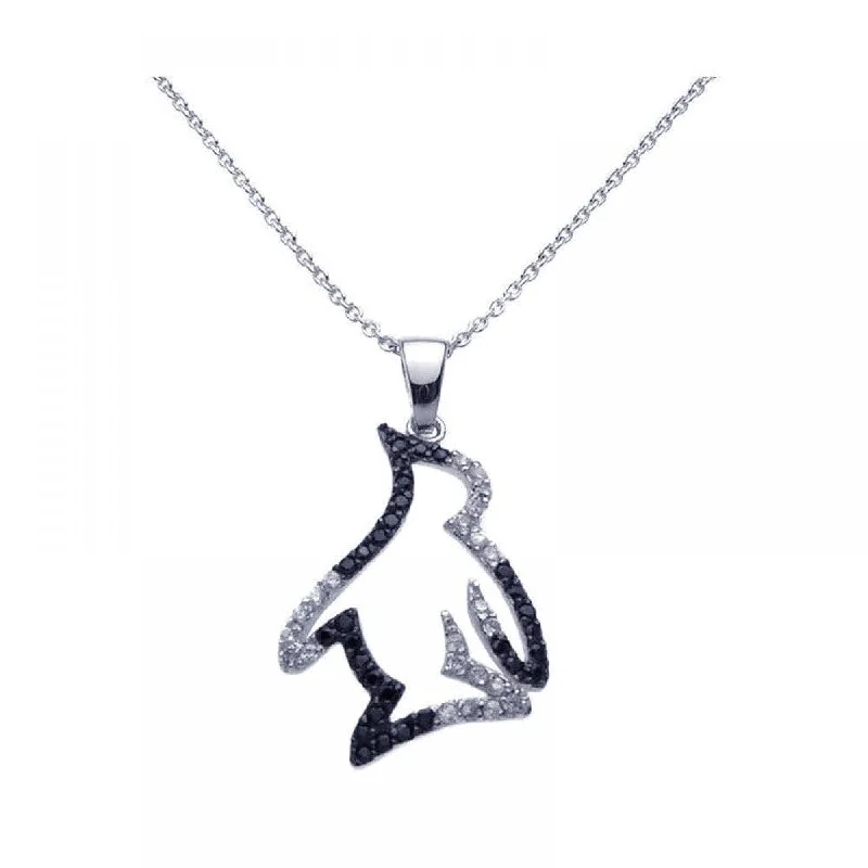 Silver 925 Black Rhodium and Rhodium Plated Clear CZ Penguin Pendant Necklace - STP00968