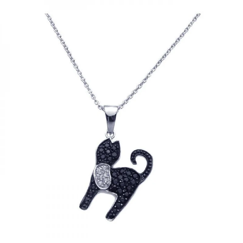 Silver 925 Black Rhodium Plated Black CZ Cat Pendant Necklace - STP00966