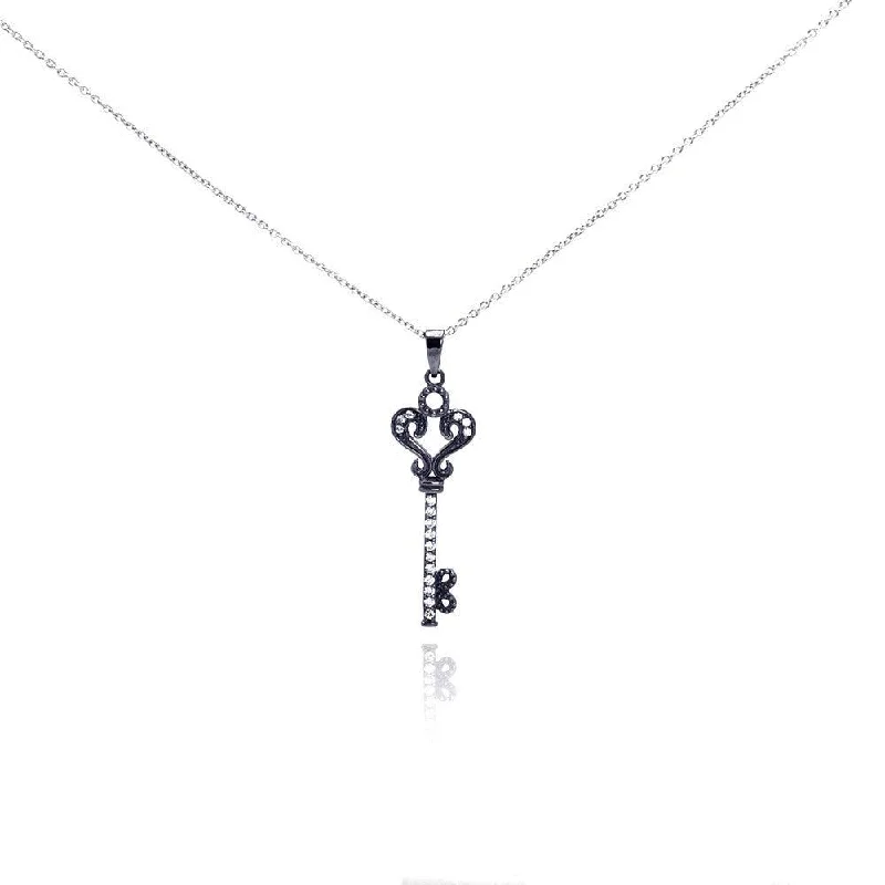 Silver 925 Black Rhodium Plated Clear CZ Key Pendant Necklace - STP00993