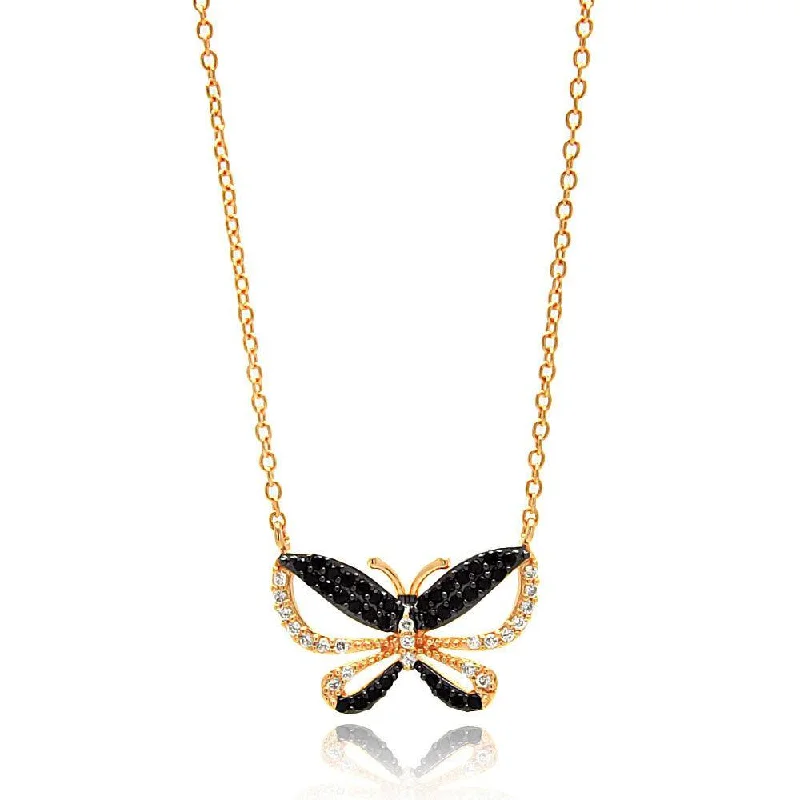 Silver 925 Gold and Black Plated Butterfly CZ Necklace - BGP00643