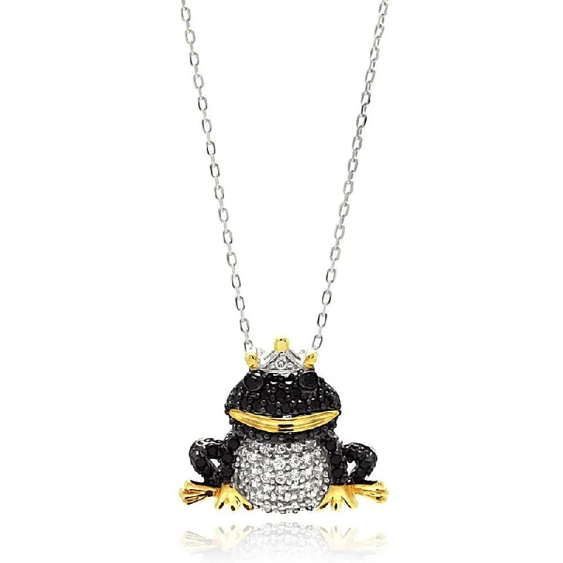 Silver 925 Gold and Rhodium Plated Black Frog CZ Necklace - BGP00583