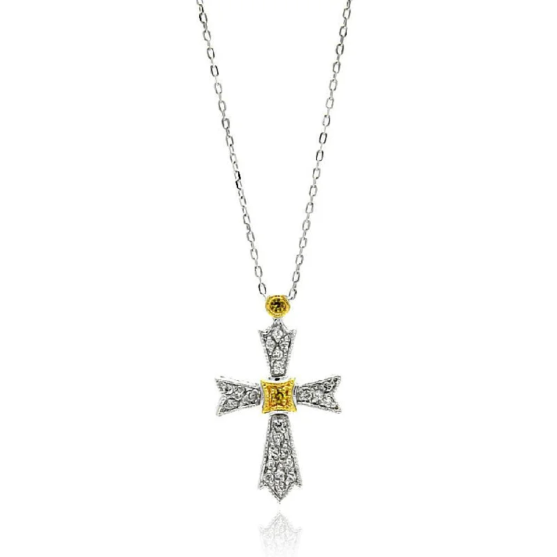 Silver 925 Gold and Rhodium Plated Cross Two Toned CZ Necklace - BGP00575