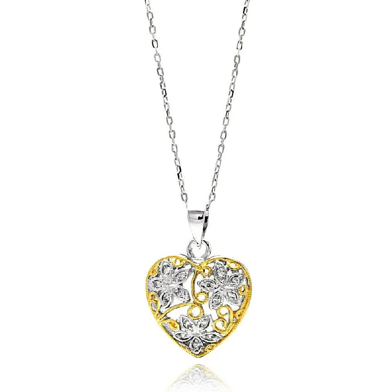 Silver 925 Gold and Rhodium Plated Two Toned Heart Filigree CZ Necklace - BGP00591