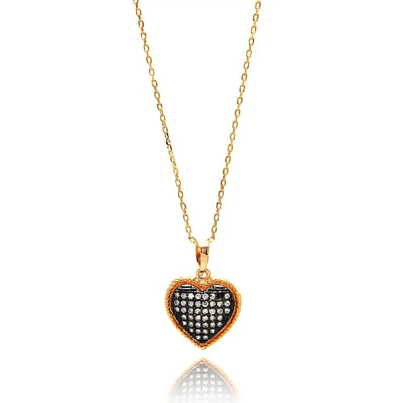 Silver 925 Gold Plated Black and Clear Heart CZ Necklace - BGP00640