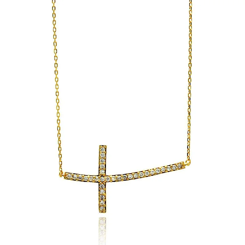 Silver 925 Gold Plated Sideways Cross CZ Necklace - BGP00670