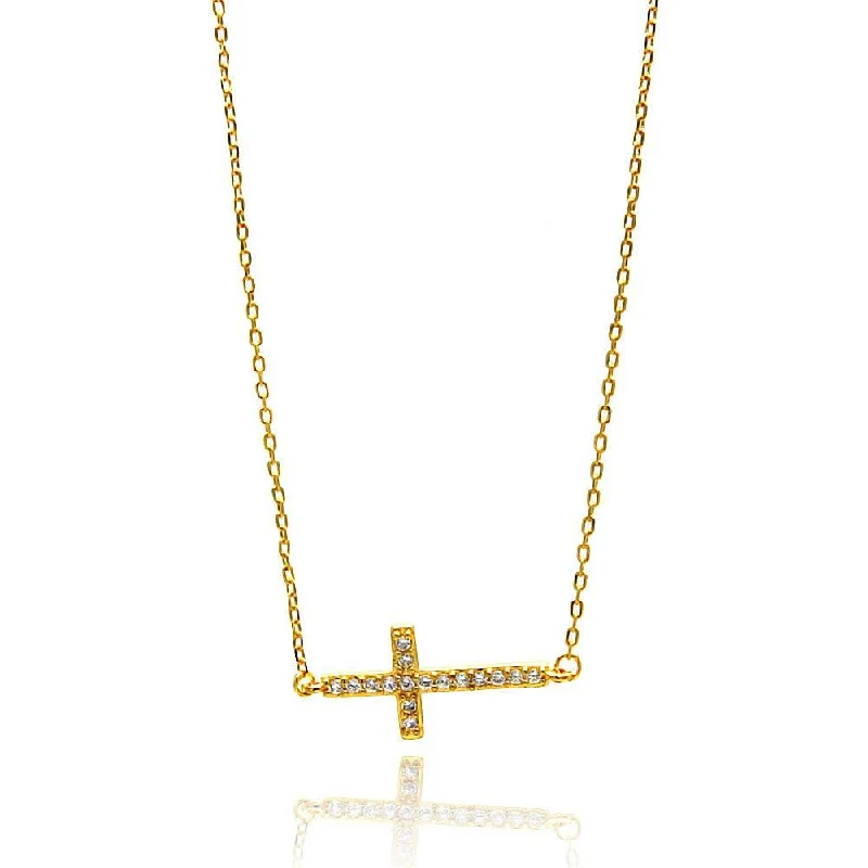 Silver 925 Gold Plated Sideways Cross CZ Necklace - BGP00673