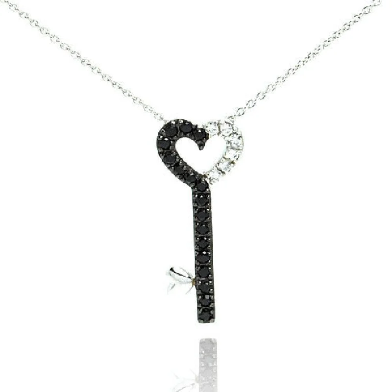 Silver 925 Rhodium and Black Rhodium Plated Clear and Black CZ Key Pendant Necklace - STP00992