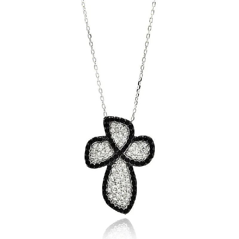 Silver 925 Rhodium Plated Black and Clear Cross CZ Necklace - BGP00632