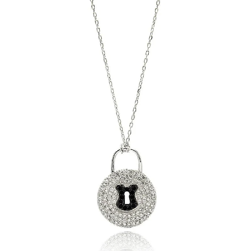 Silver 925 Rhodium Plated Black and Clear CZ Key Lock Necklace - BGP00616