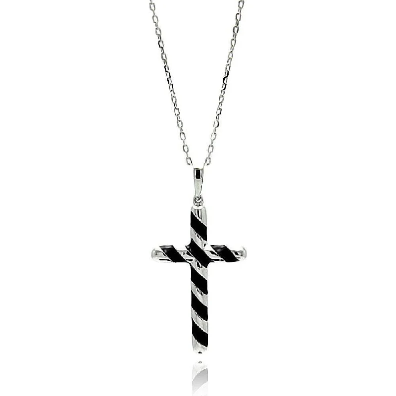 Silver 925 Rhodium Plated Black Enamel Stripe Cross Necklace - BGP00662