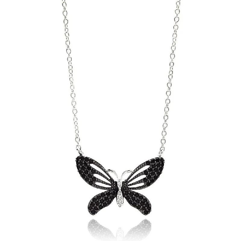 Silver 925 Rhodium Plated Black Open Butterfly CZ Necklace - BGP00597