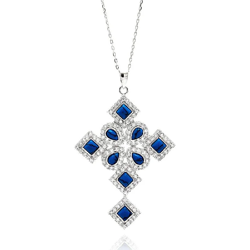 Silver 925 Rhodium Plated Blue Multiple Shape Cross CZ Necklace - BGP00645