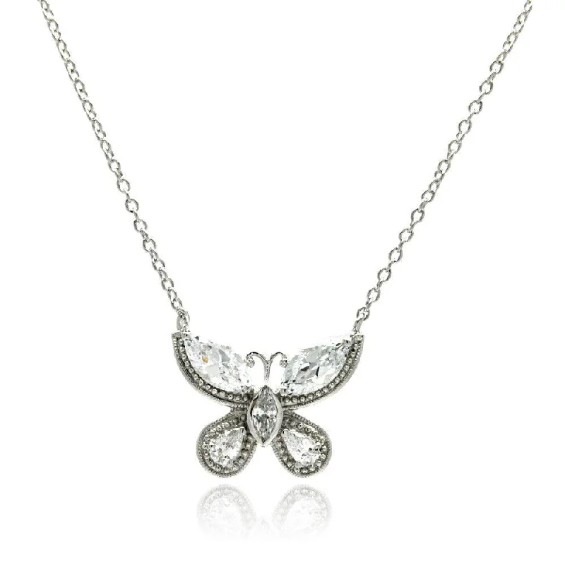 Silver 925 Rhodium Plated Butterfly CZ Necklace - BGP00502