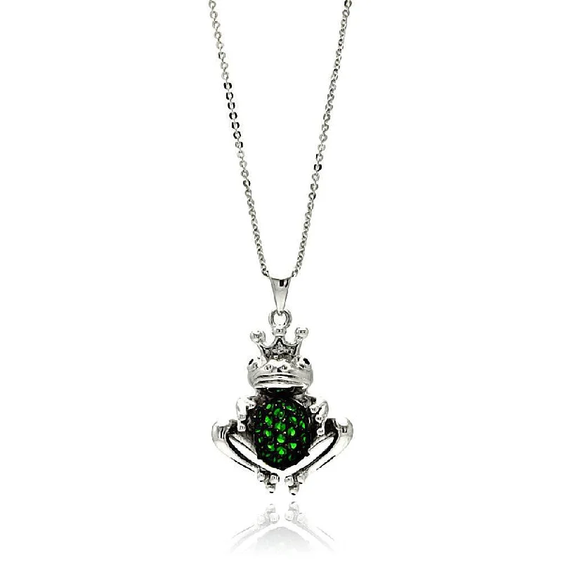 Silver 925 Rhodium Plated Center Green Frog CZ Necklace - BGP00610