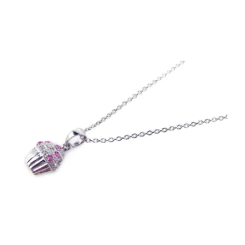 Silver 925 Rhodium Plated Clear and Pink CZ Cupcake Pendant Necklace - STP00740