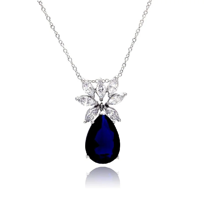 Silver 925 Rhodium Plated Clear CZ and Blue Pear CZ Pendant Necklace - STP00941BLUE