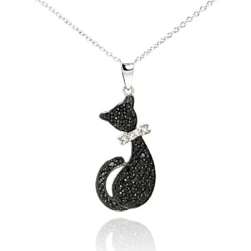 Silver 925 Rhodium Plated Clear CZ Black Cat Pendant Necklace - STP00967