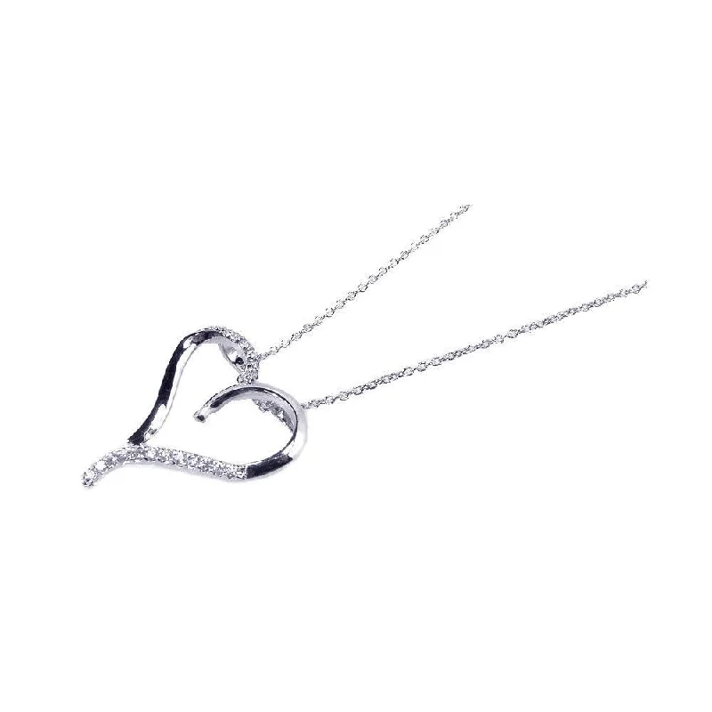 Silver 925 Rhodium Plated Clear CZ Black Heart Pendant Necklace - STP00720