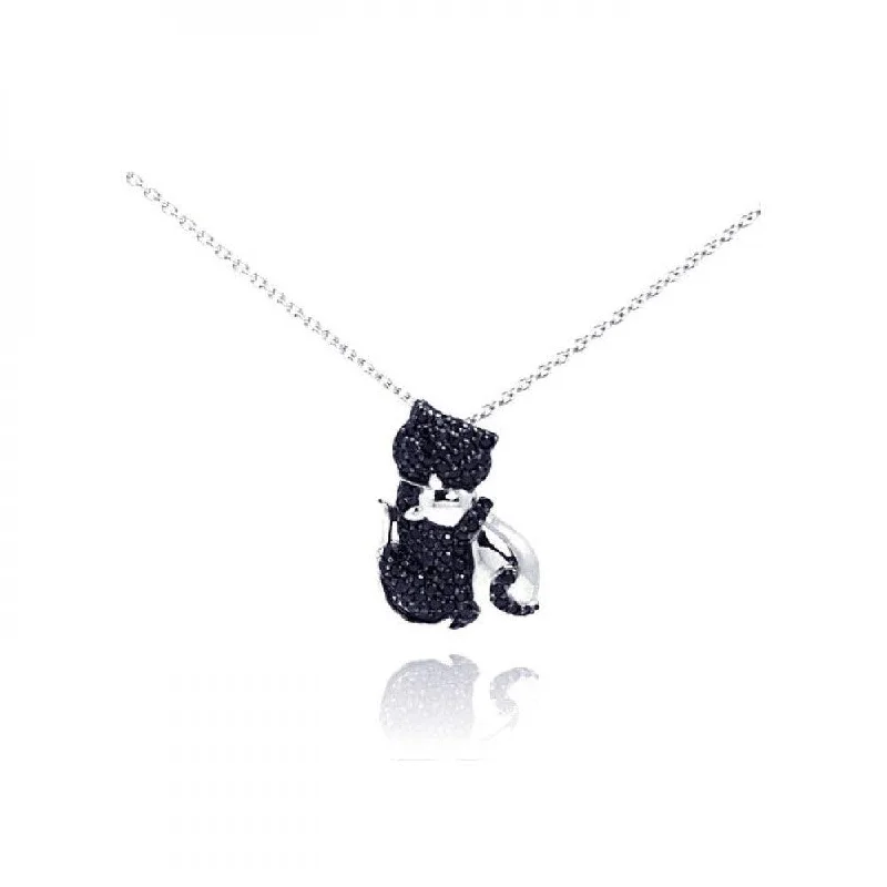 Silver 925 Rhodium Plated Clear CZ Black Kitty Pendant Necklace - STP00969