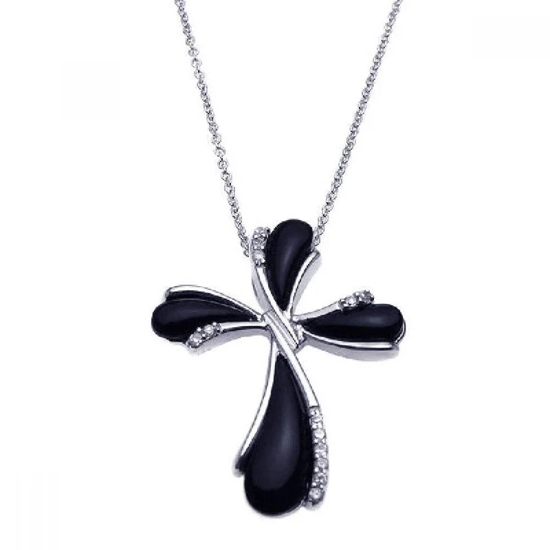 Silver 925 Rhodium Plated Clear CZ Black Pear Cross Pendant Necklace - STP00890