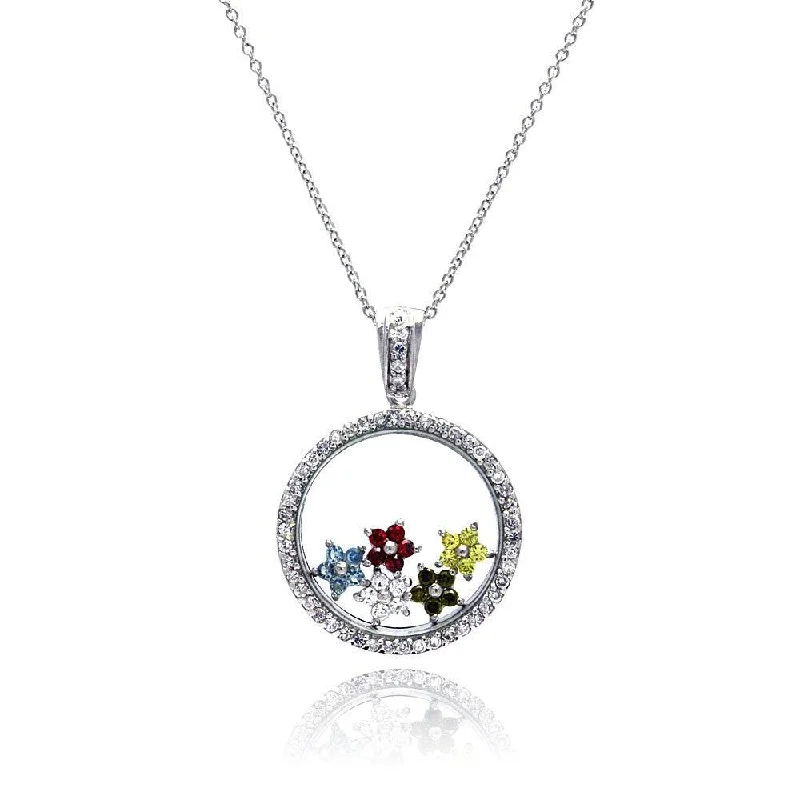 Silver 925 Rhodium Plated Clear CZ Circle Colorful Stars Pendant Necklace - STP00891