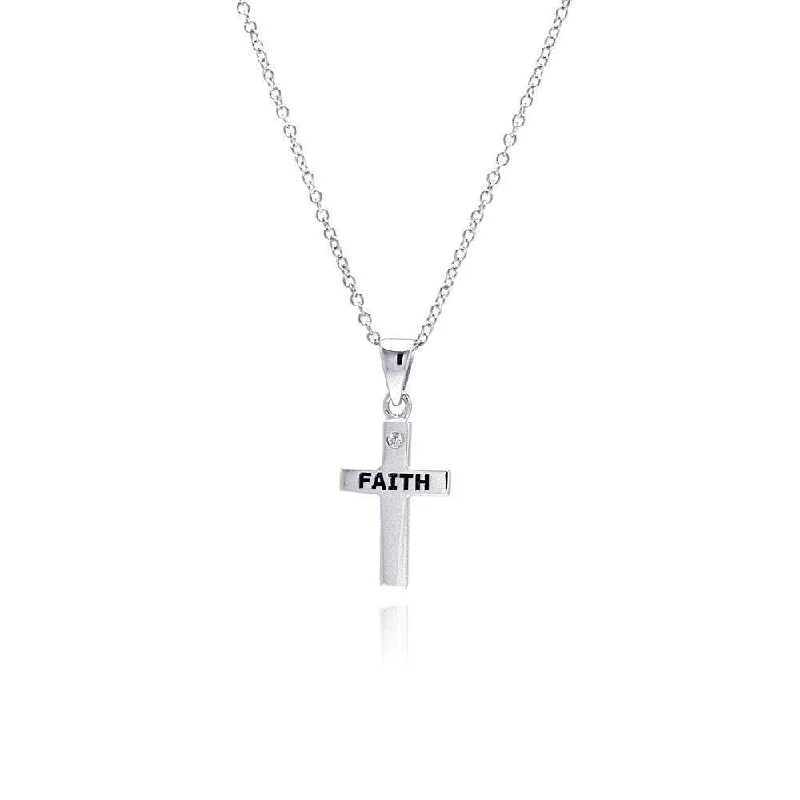 Silver 925 Rhodium Plated Clear CZ Cross Faith Pendant Necklace - STP00744