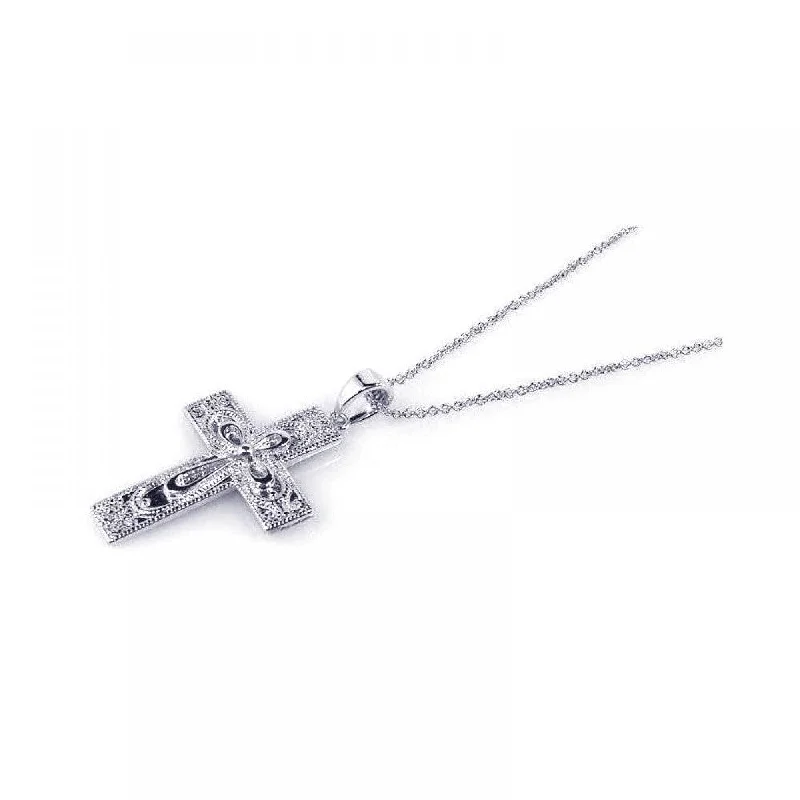 Silver 925 Rhodium Plated Clear CZ Cross Pendant Necklace - STP00721