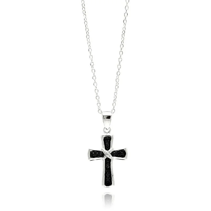 Silver 925 Rhodium Plated Clear CZ Cross Pendant Necklace - STP01331