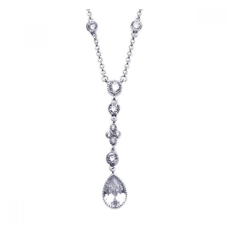 Silver 925 Rhodium Plated Clear CZ Dangling Pendant Necklace - STP00911