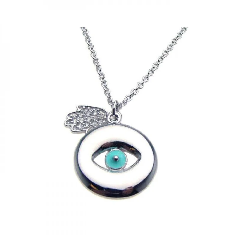 Silver 925 Rhodium Plated Clear CZ Evil Eye Hamsa Pendant Necklace - STP00869