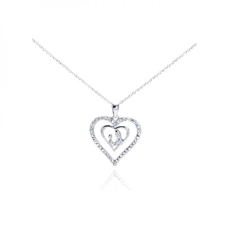 Silver 925 Rhodium Plated Clear CZ Figurine Heart Pendant Necklace - STP00765