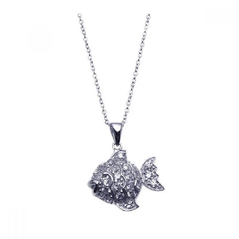 Silver 925 Rhodium Plated Clear CZ Fish Pendant Necklace - STP00915