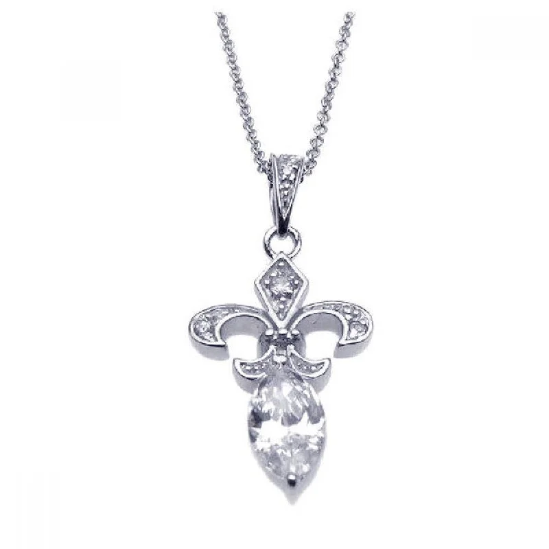 Silver 925 Rhodium Plated Clear CZ Flor De Lis Pendant Necklace - STP00852