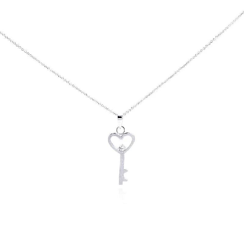 Silver 925 Rhodium Plated Clear CZ Heart Key Pendant Necklace - STP00944