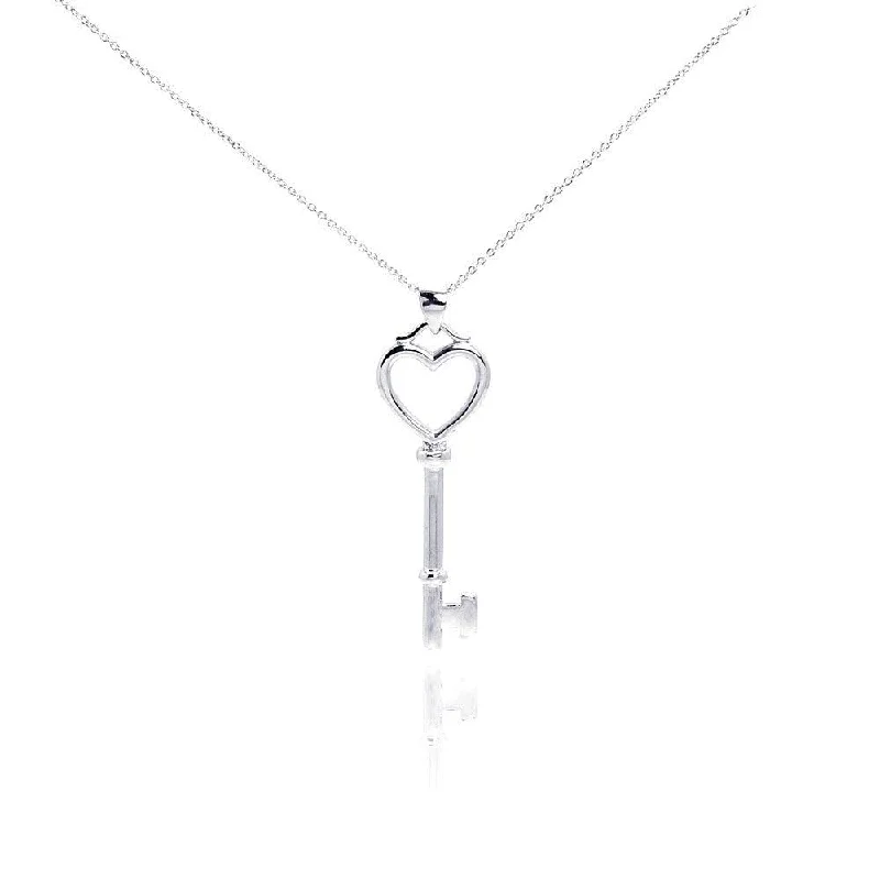 Silver 925 Rhodium Plated Clear CZ Heart Key Pendant Necklace - STP00979